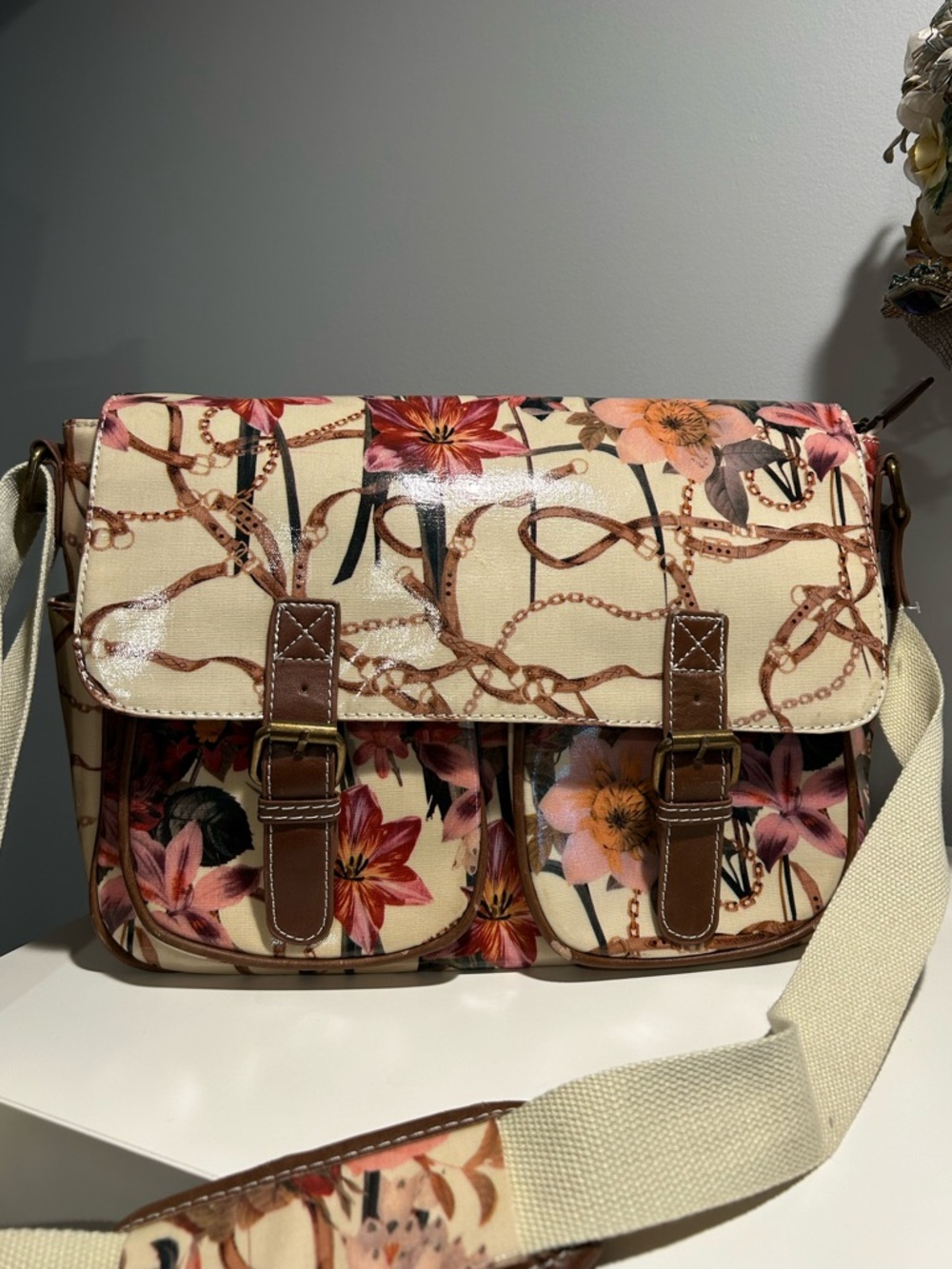 LYDC London Floral Chain Print Coated Canvas Flap Messenger Shoulder Bag NWOT